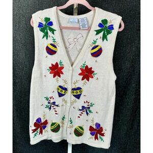 Bobbie Brooks Christmas Sweater Vest Women's Ornament Bow Candy Cane Sz Large